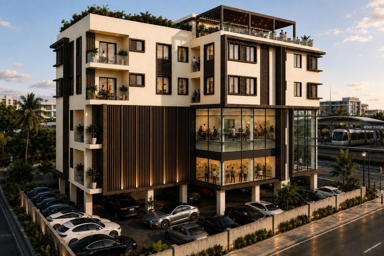 Antilla — The Business Core, exterior view at dusk with Réduit tram station