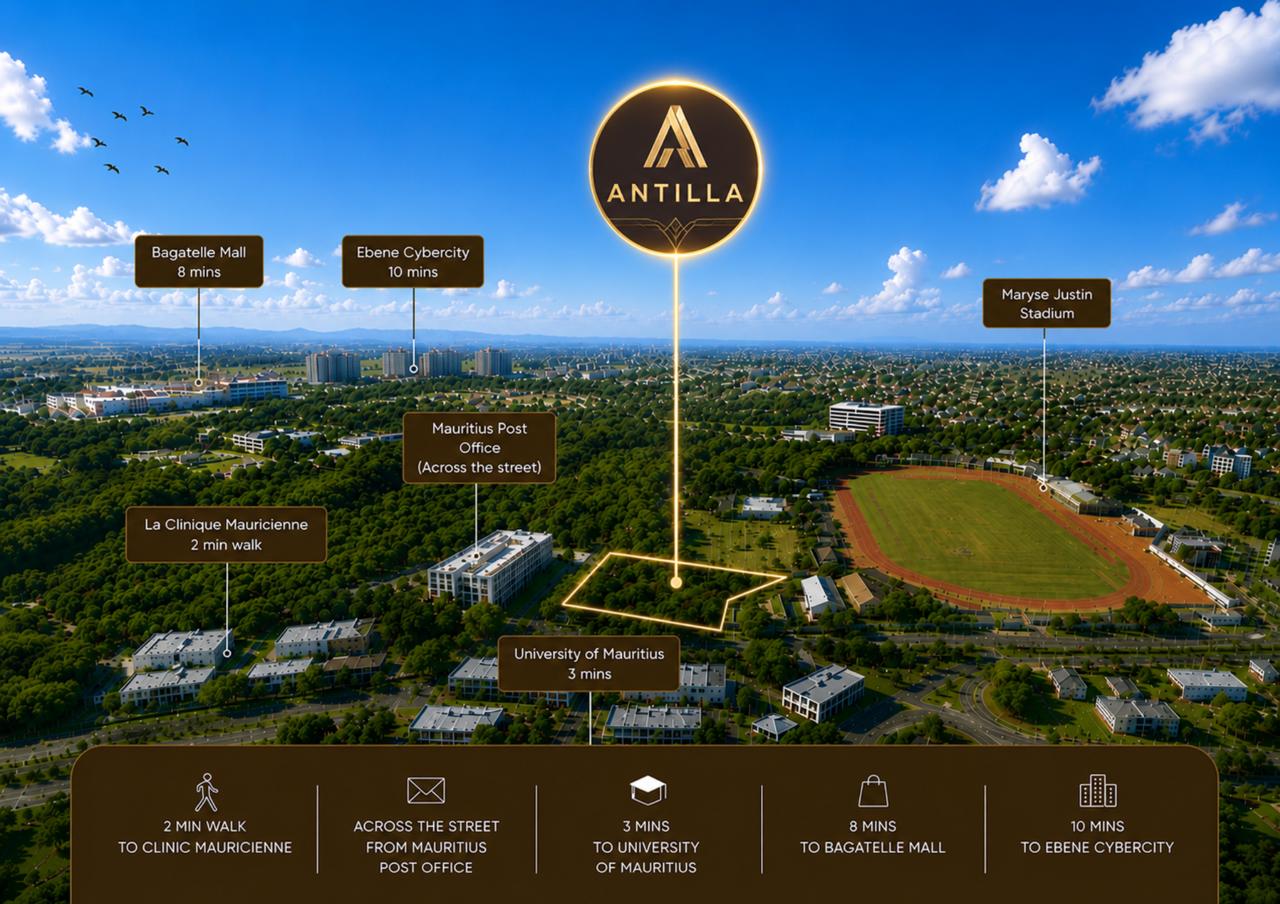 Map showing Antilla's location relative to Réduit tram station, University of Mauritius, Bagatelle Mall, and Ebene Cybercity