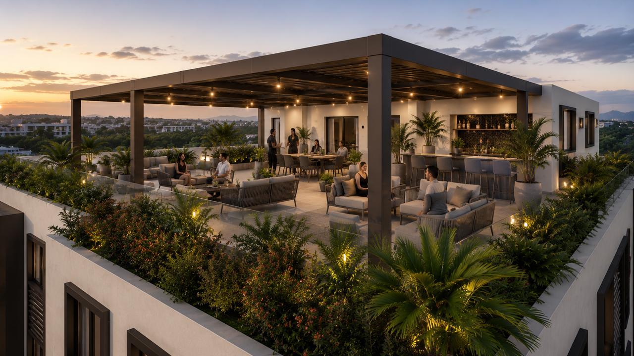 Antilla signature rooftop terrace at dusk with lounge seating and bar
